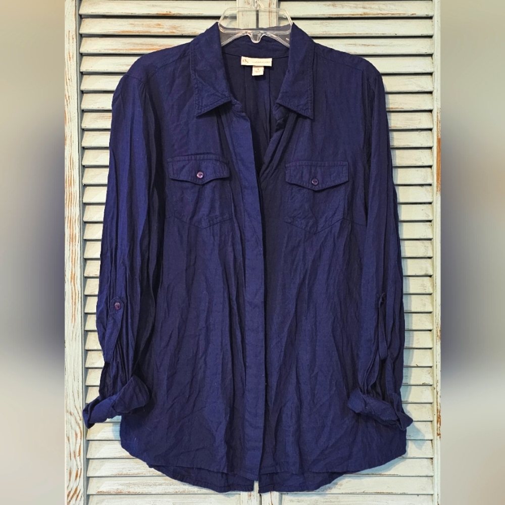 DB ESTABLISHED 1962 BUTTON UP SHIRT Womens S Blue Long Sleeve Roll Tab Rayon Top